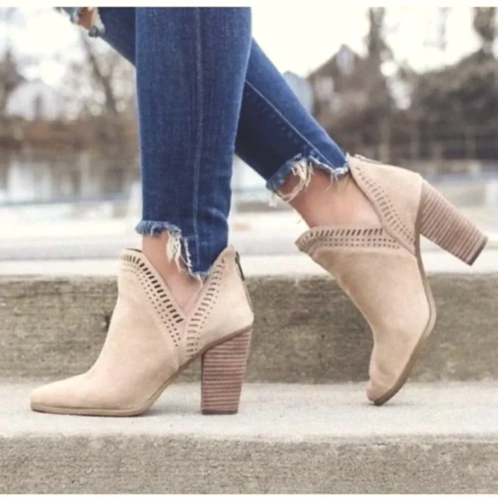 Vince Camuto Fileana French Taupe Split Shaft Laser Cut Out Ankle Boots